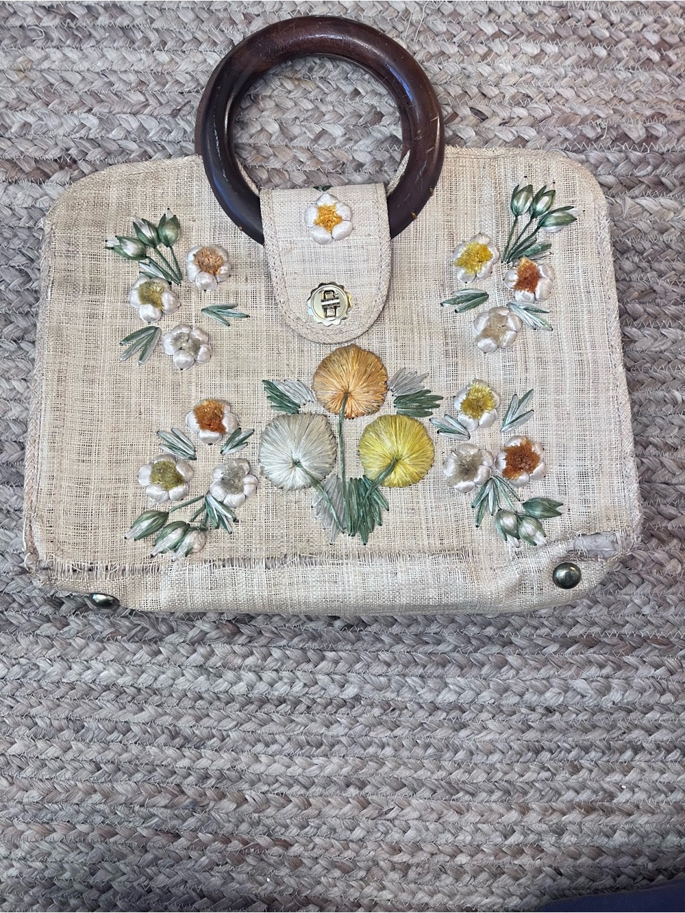 Embroidered Straw Tote Bag with Wooden Handles - Beige vintage purse large 1960s